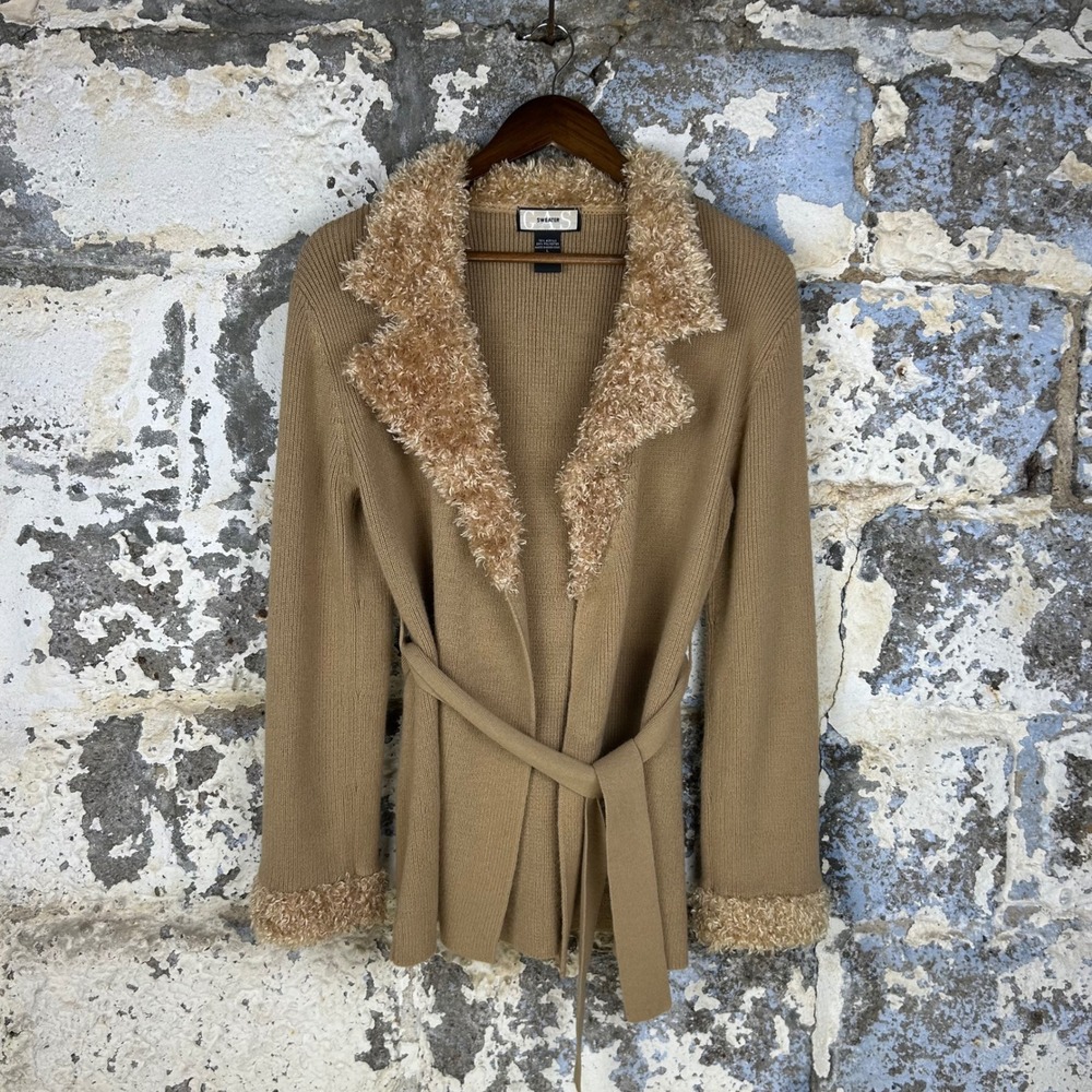 Vintage CAS Cardigan Sweater Tan Faux Fur Trim Belted Ribbed Wrap Womens L